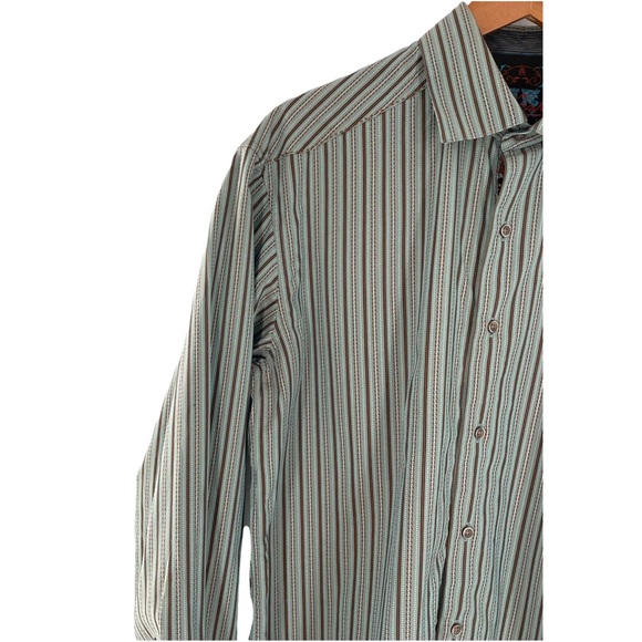 Robert Graham Long Sleeve Button Down Shirt w/Flip Cuffs Green & Brown Stripes - Picture 6 of 12